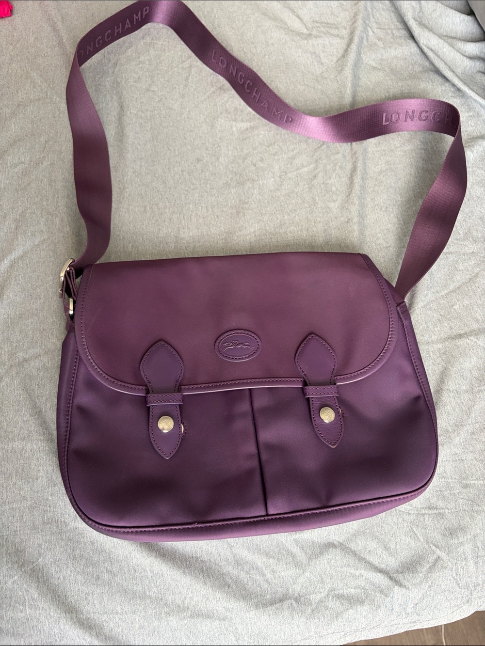 Longchamp Plum Nylon Messenger Bag with Logo Strap